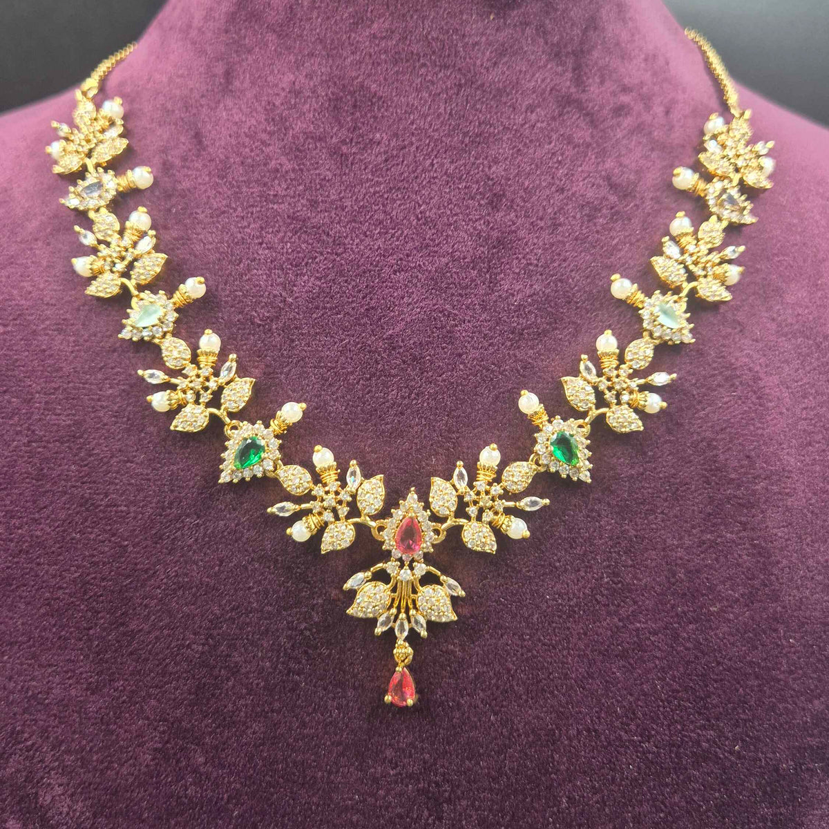 Floral Ruby & Emerald CZ Necklace Set | Designer Bridal Jewellery