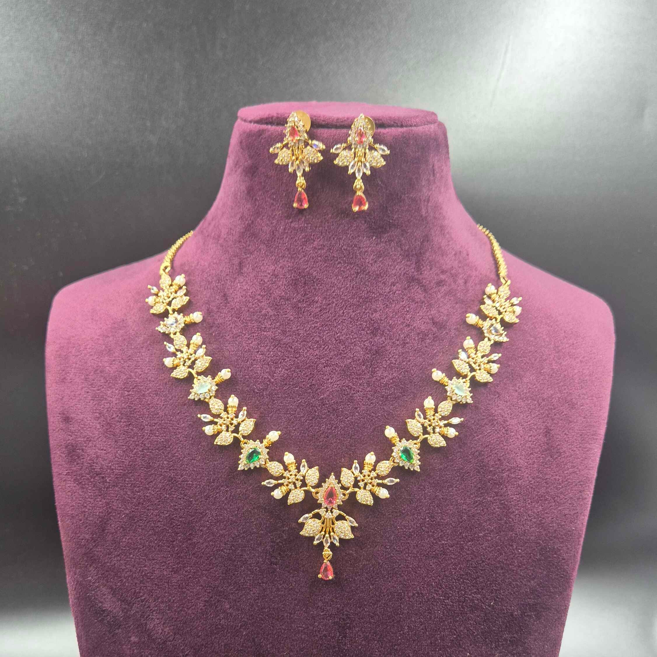 Floral Ruby & Emerald CZ Necklace Set | Designer Bridal Jewellery