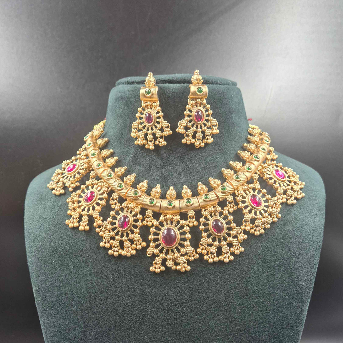 Traditional Ruby & Emerald Temple Necklace Set | Bridal Jewellery