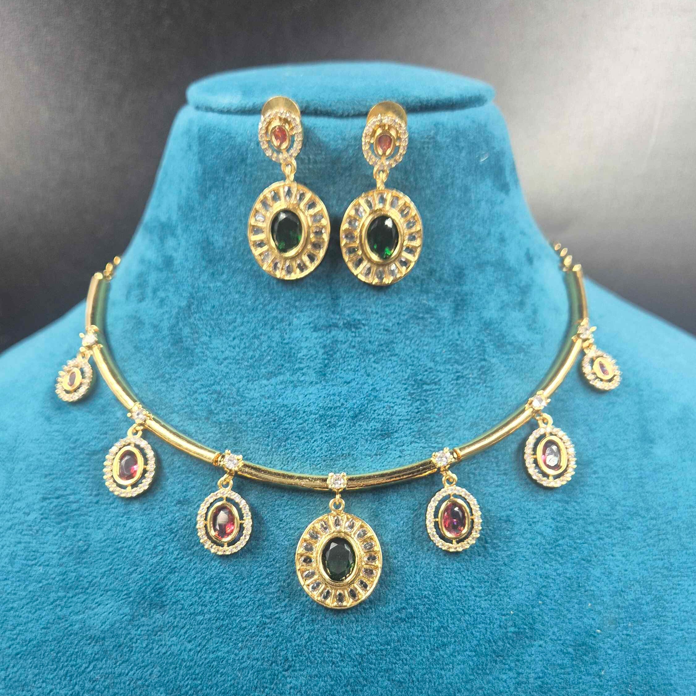 Elegant Ruby & Emerald CZ Necklace Set | Designer Gold Finish Jewellery