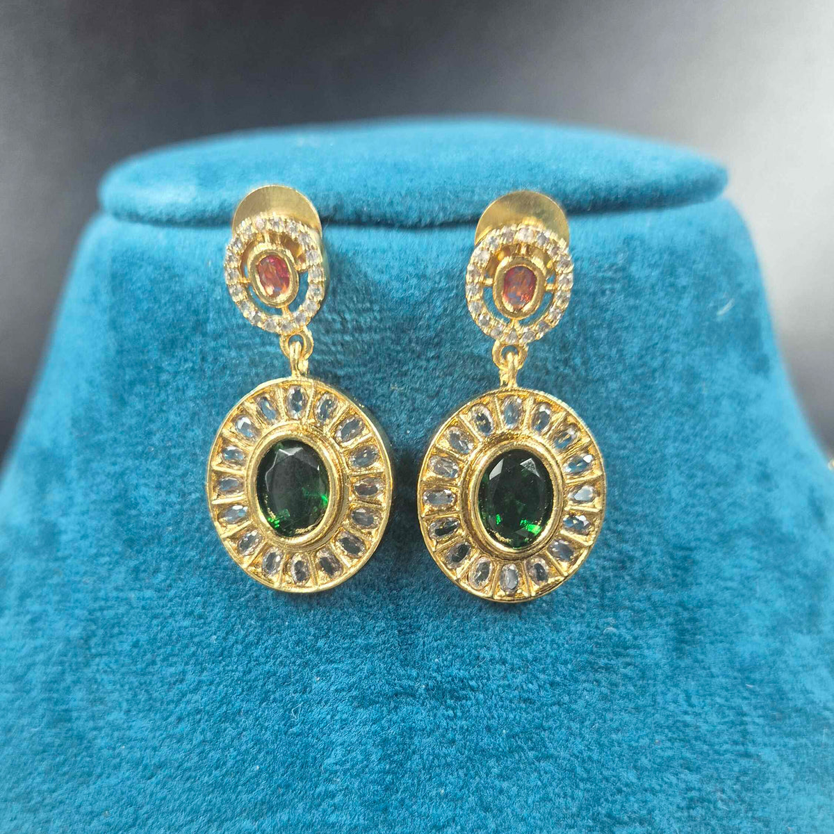 Elegant Ruby & Emerald CZ Necklace Set | Designer Gold Finish Jewellery