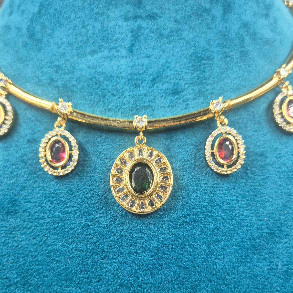 Elegant Ruby & Emerald CZ Necklace Set | Designer Gold Finish Jewellery