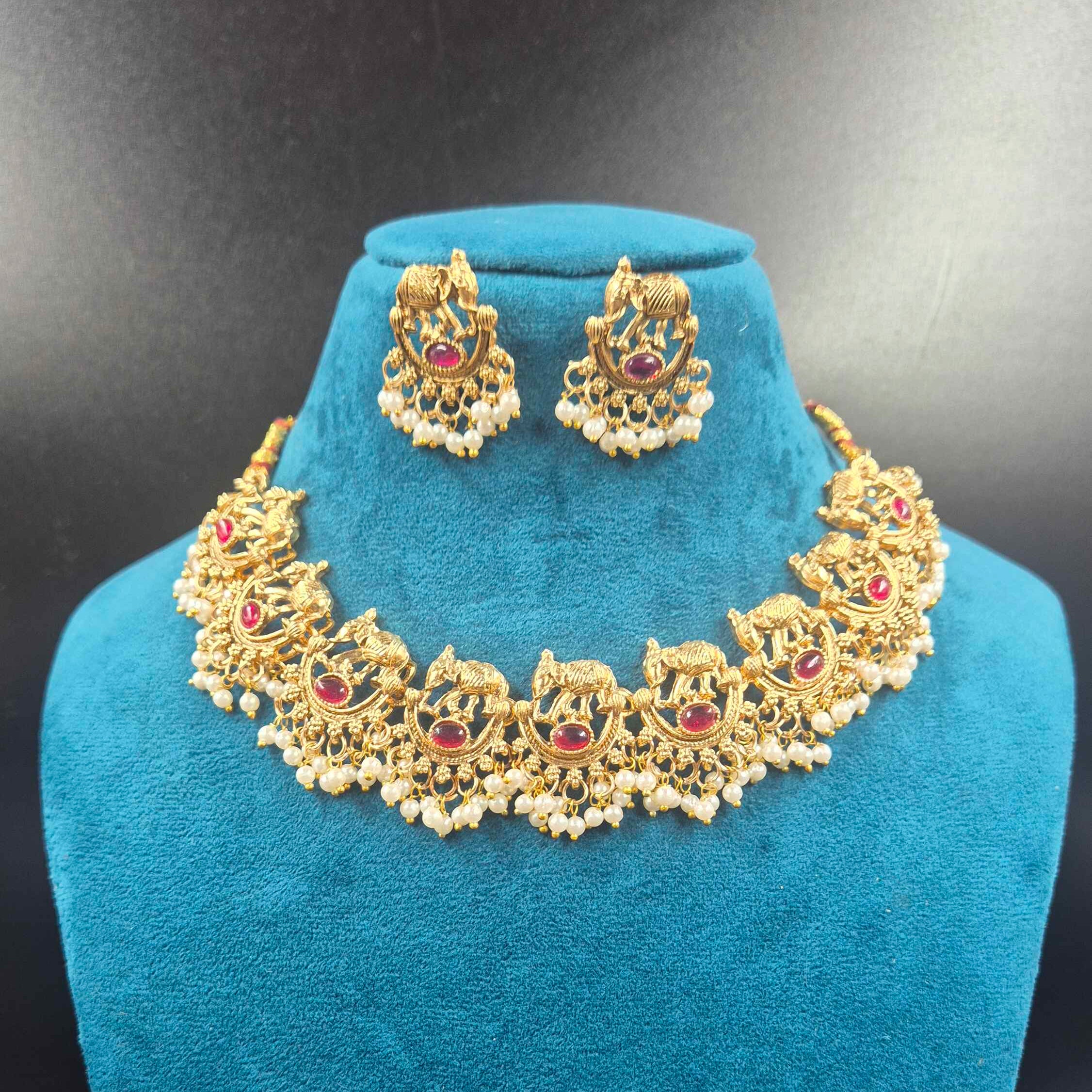 Elephant Motif Necklace Set with Ruby Stones & Pearls