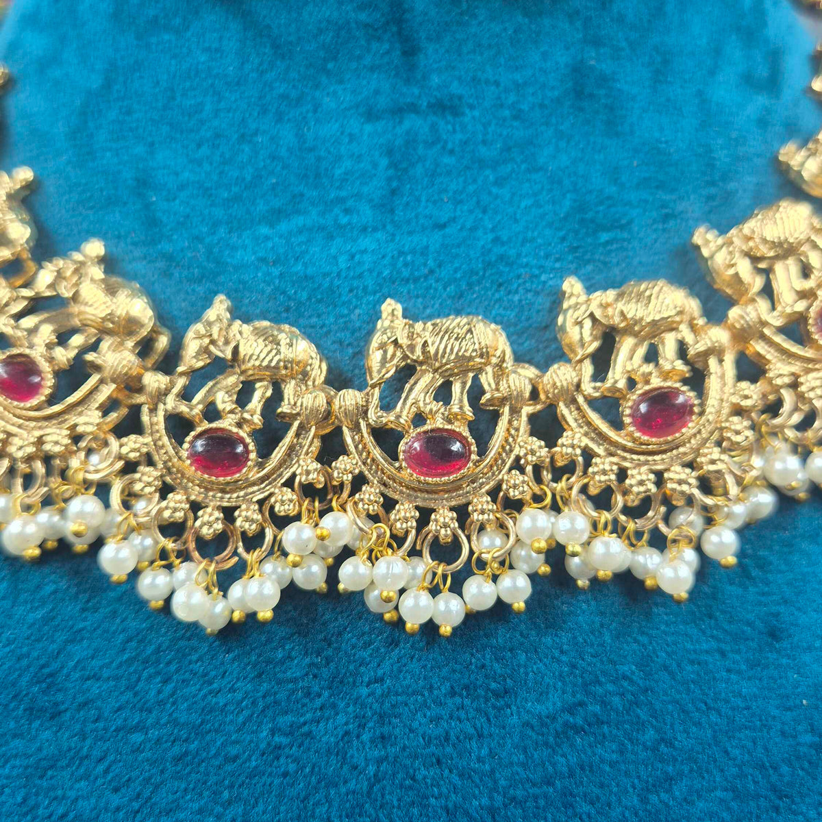 Elephant Motif Necklace Set with Ruby Stones & Pearls