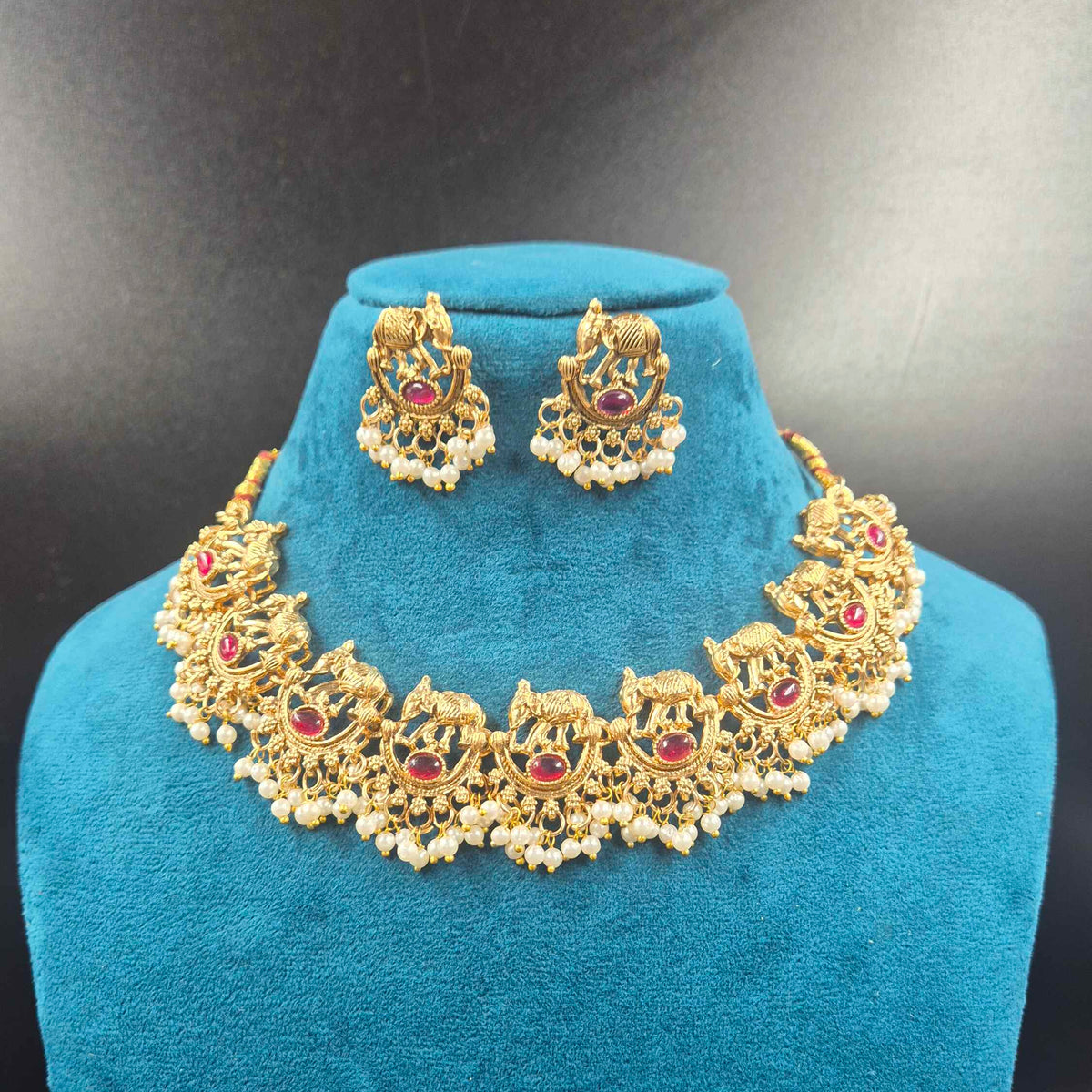 Elephant Motif Necklace Set with Ruby Stones & Pearls