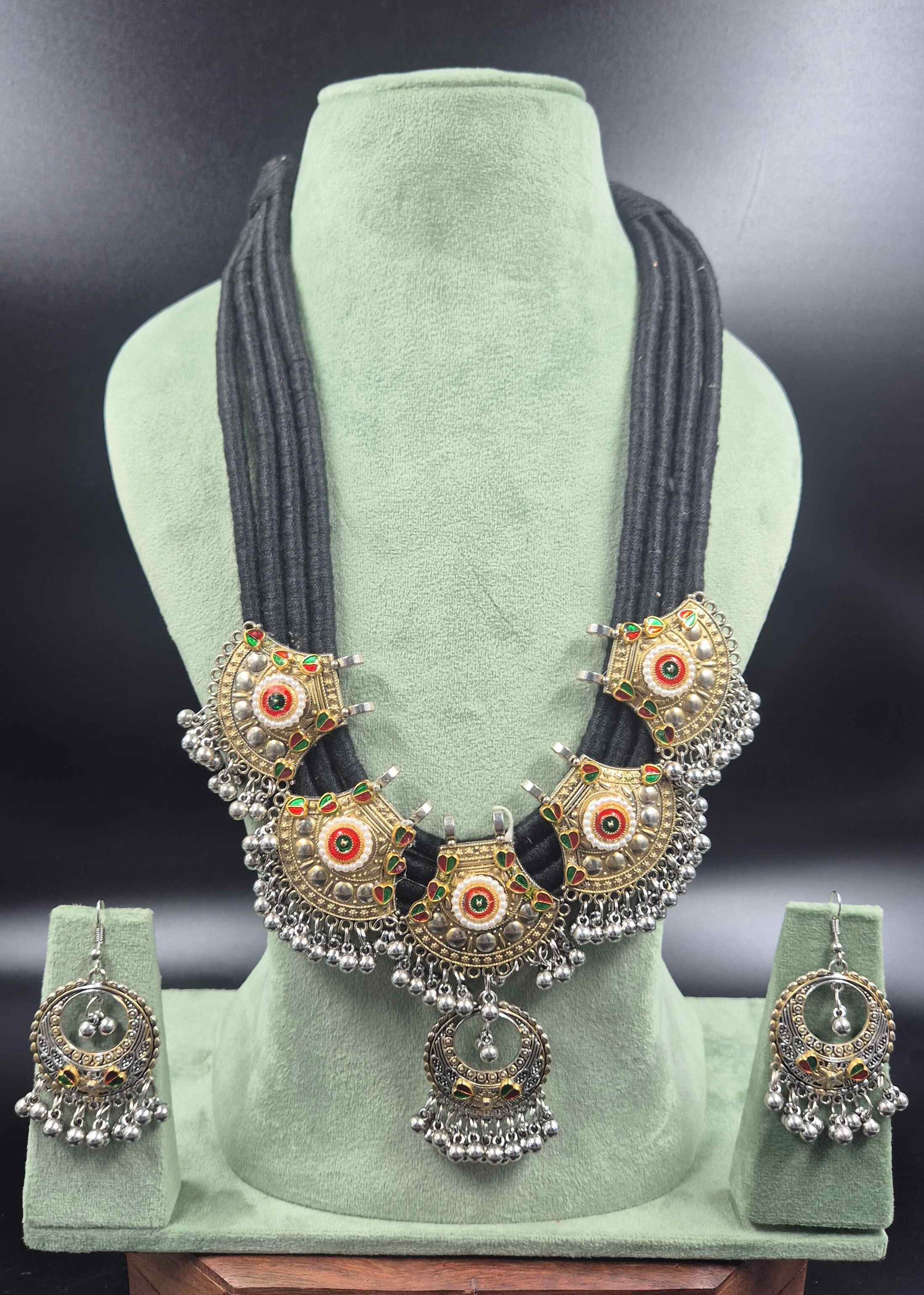 Oxidised Silver Rajasthani Meenakari Black Thread Necklace Set