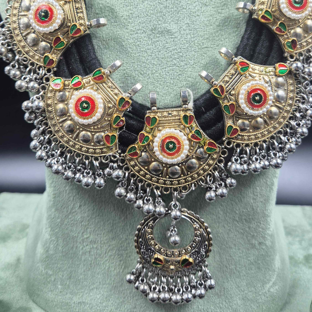 Oxidised Silver Rajasthani Meenakari Black Thread Necklace Set