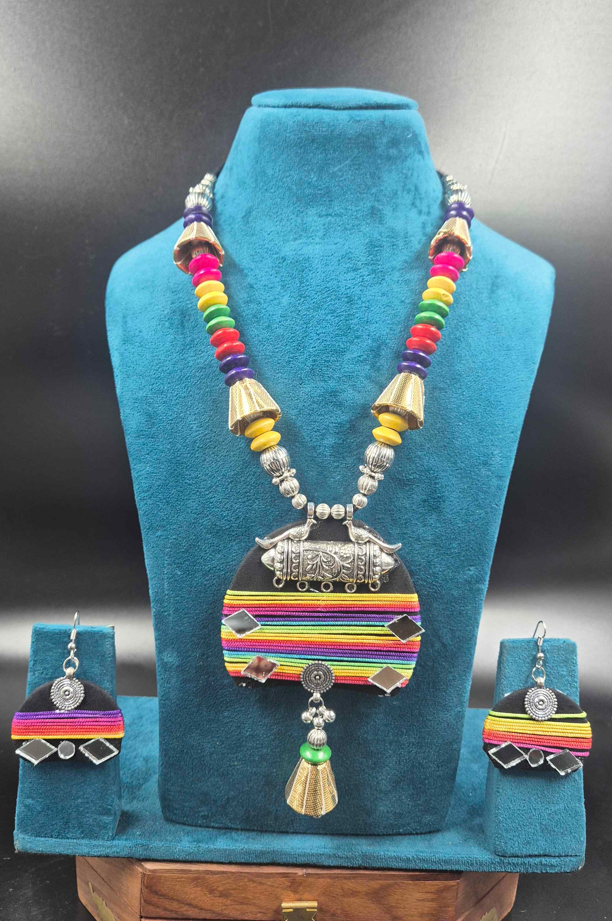 Multicolor Thread Necklace with Tribal Silver Pendant & Earrings