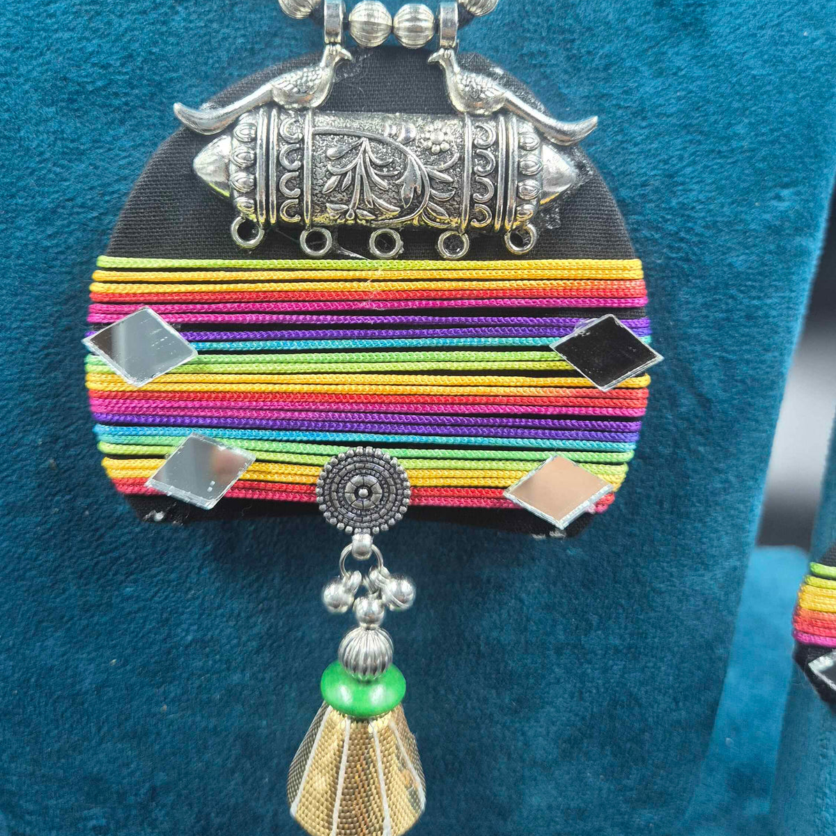 Multicolor Thread Necklace with Tribal Silver Pendant & Earrings