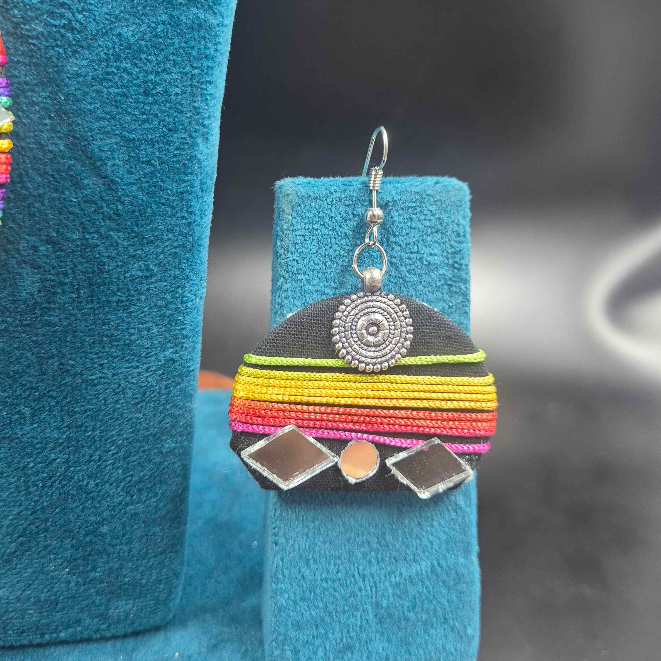 Multicolor Thread Necklace with Tribal Silver Pendant & Earrings