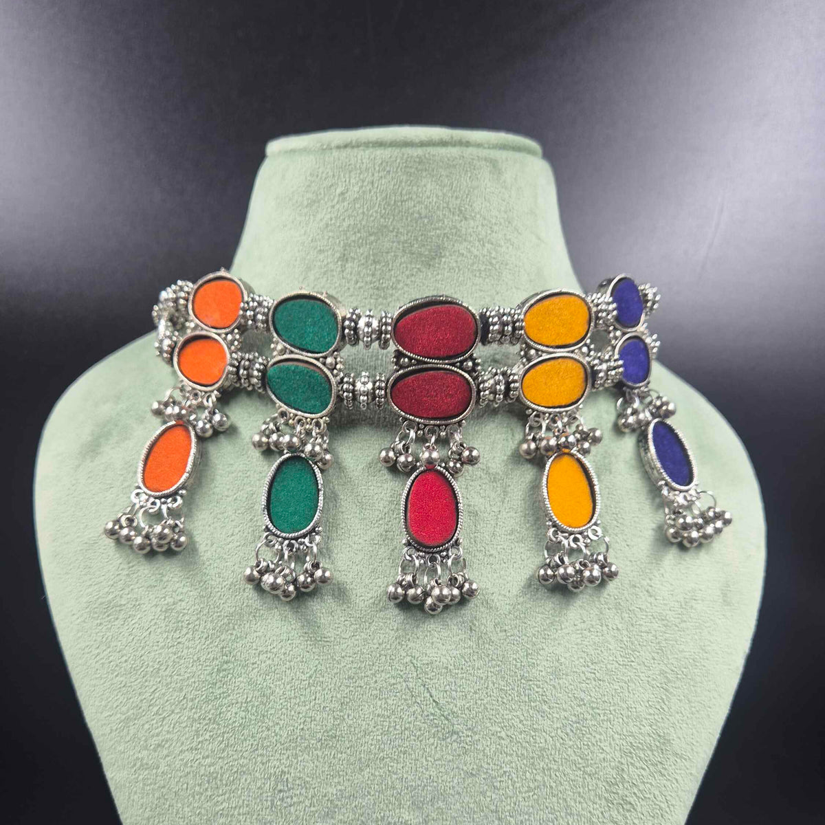Oxidised Silver Multicolor  Choker Necklace Set with Earrings