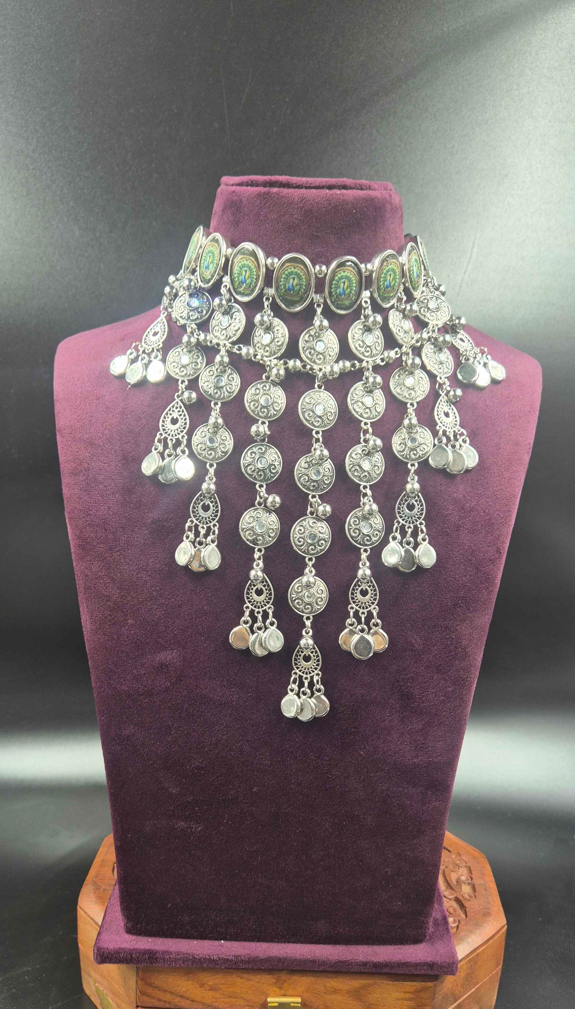 Oxidised Silver Afghani Choker Necklace Set with Coin Dangles & Earrings