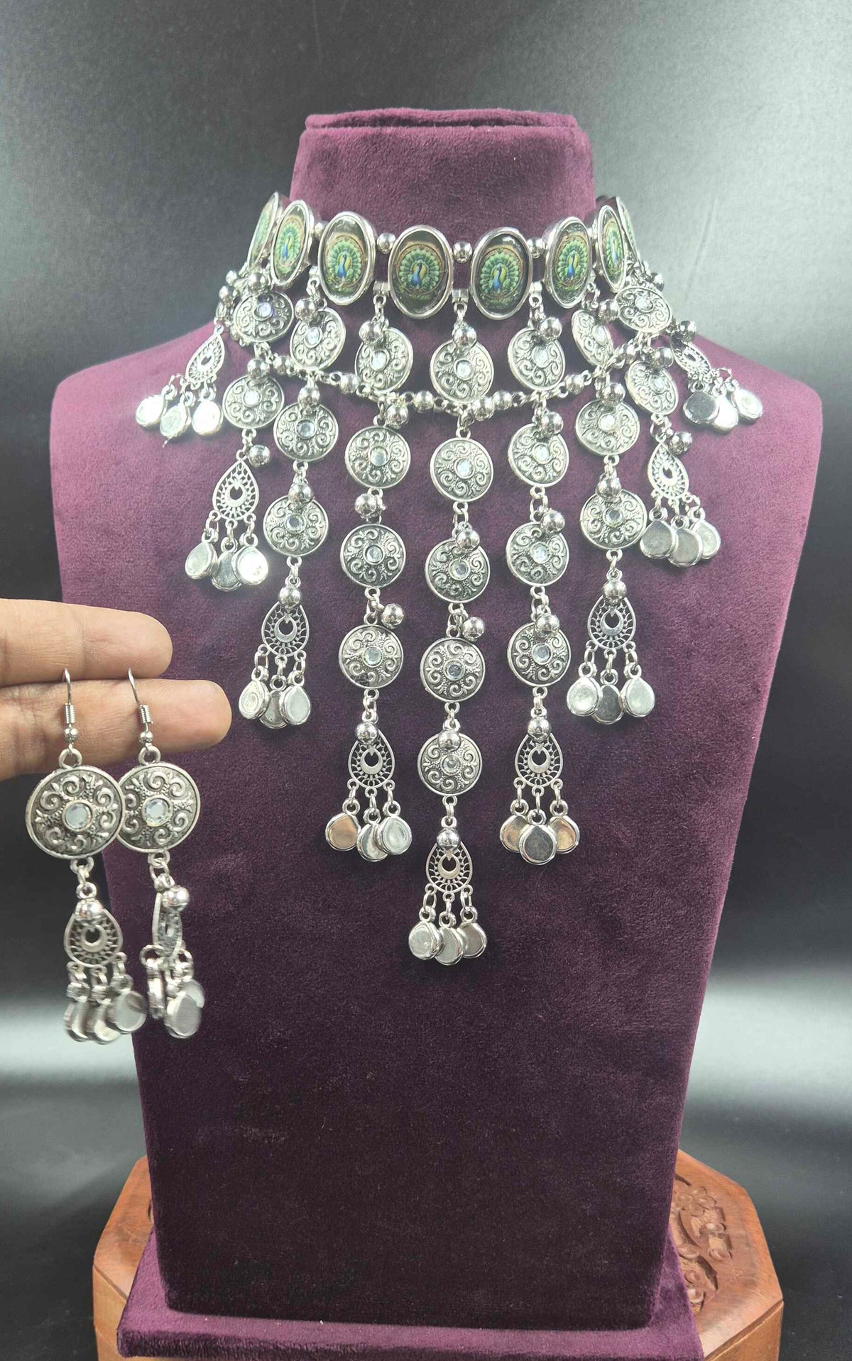 Oxidised Silver Afghani Choker Necklace Set with Coin Dangles & Earrings