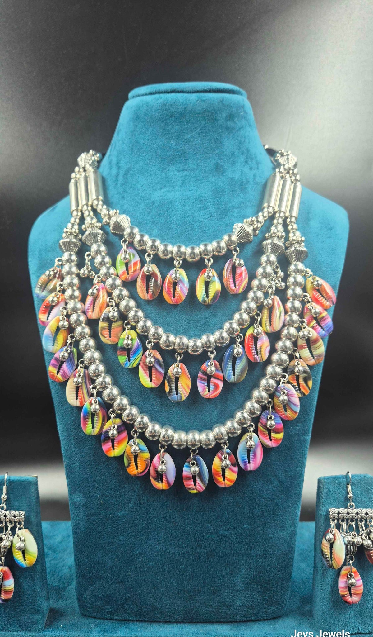 Oxidised Silver Multicolor Shell Necklace Set with Layered Dangles