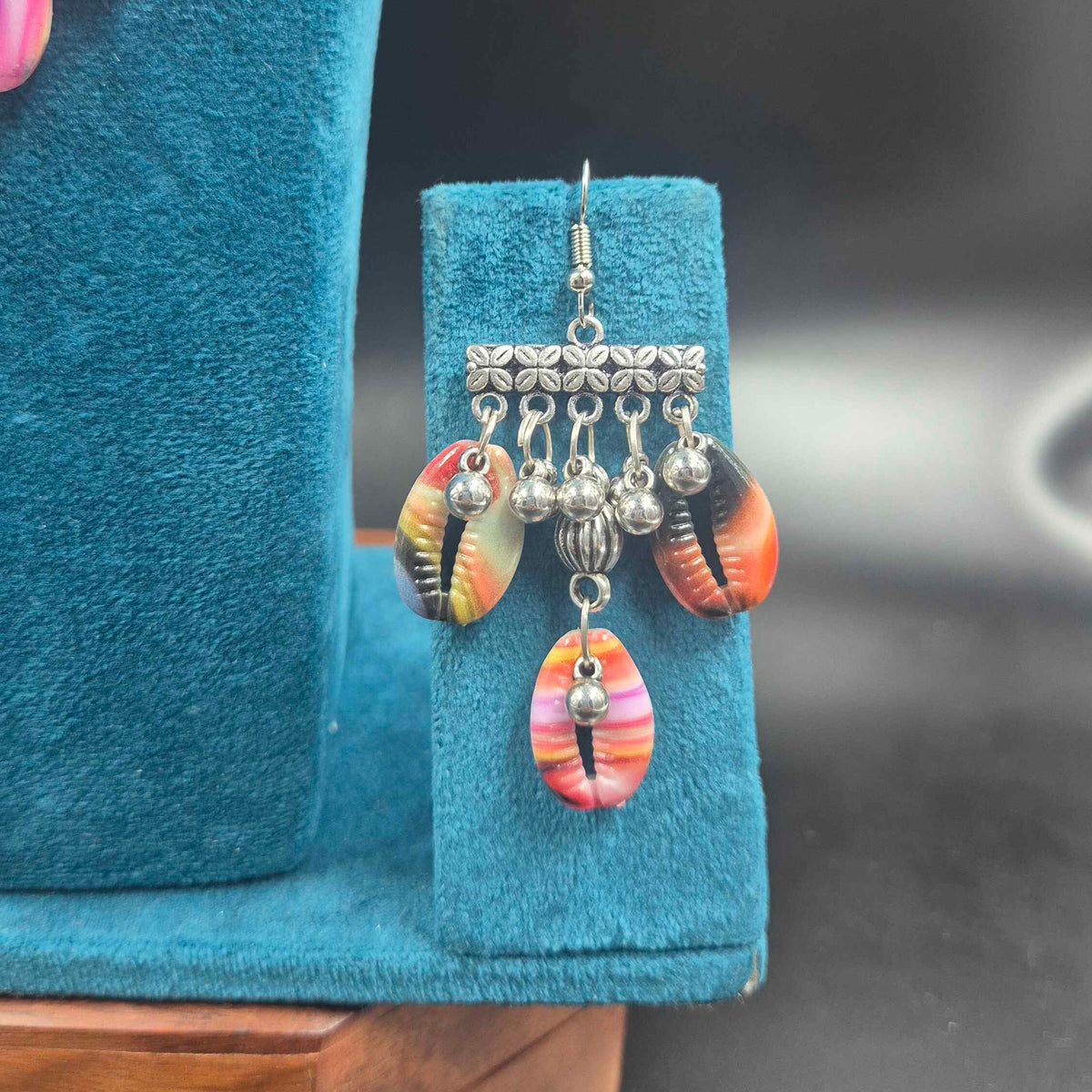 Oxidised Silver Multicolor Shell Necklace Set with Layered Dangles