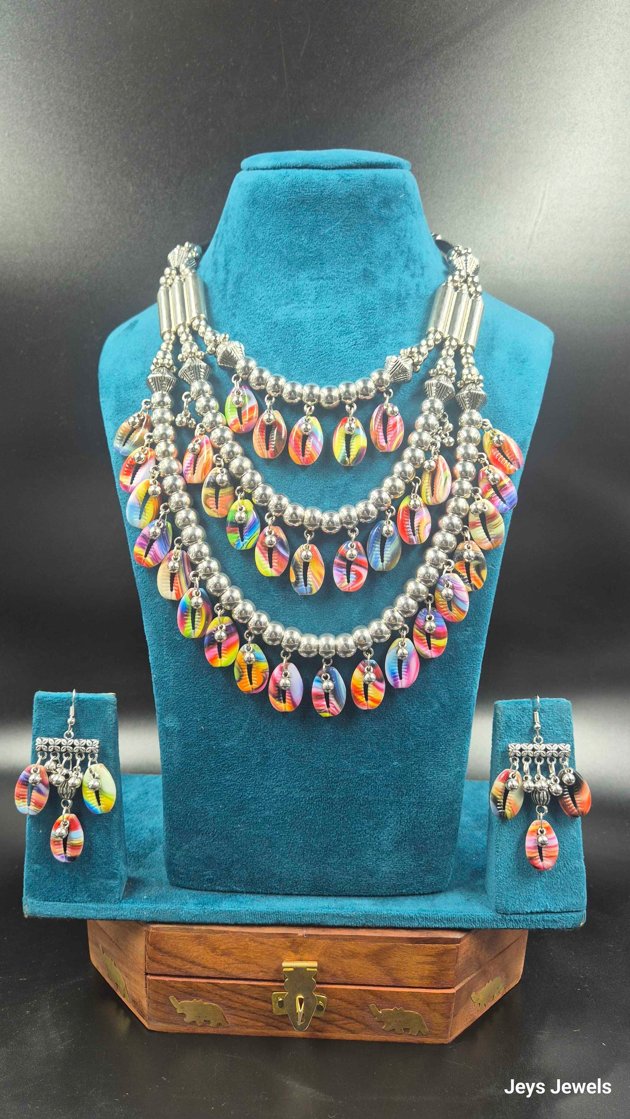 Oxidised Silver Multicolor Shell Necklace Set with Layered Dangles