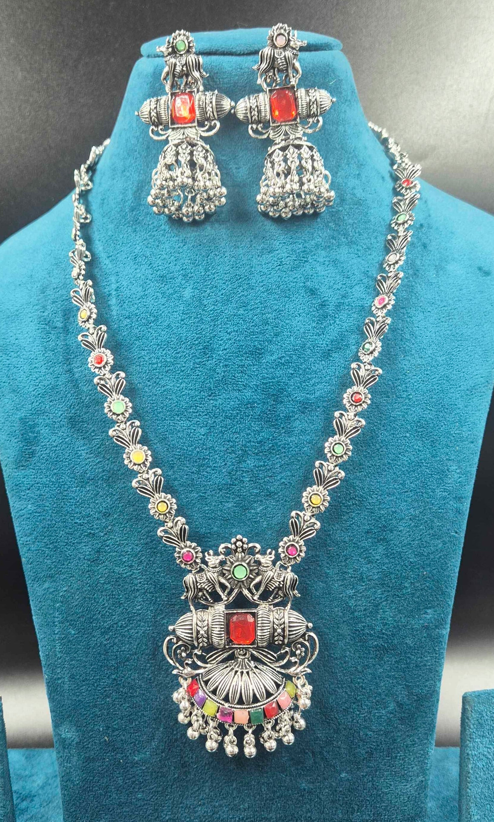 Oxidised Silver Multicolor Stone Necklace Set with Jhumka Earrings
