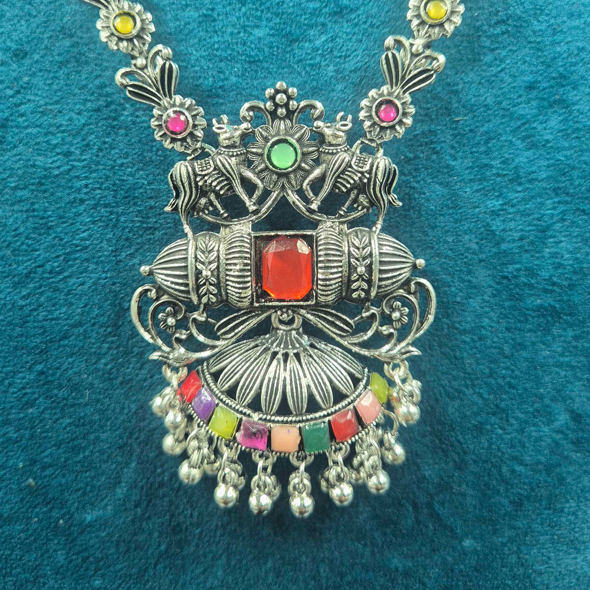 Oxidised Silver Multicolor Stone Necklace Set with Jhumka Earrings