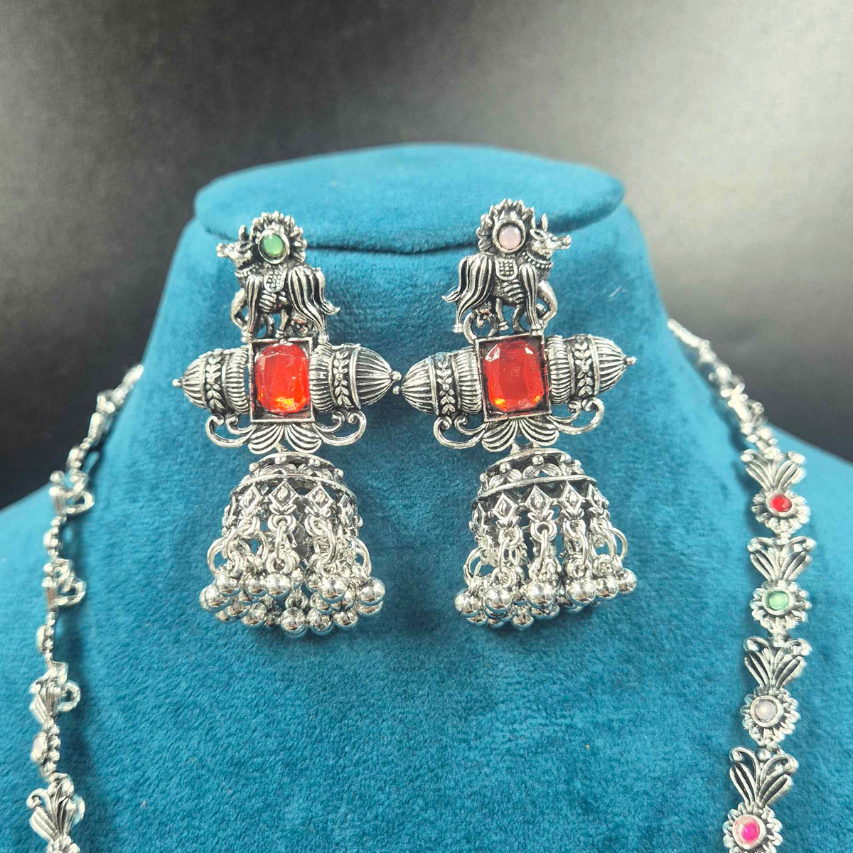 Oxidised Silver Multicolor Stone Necklace Set with Jhumka Earrings