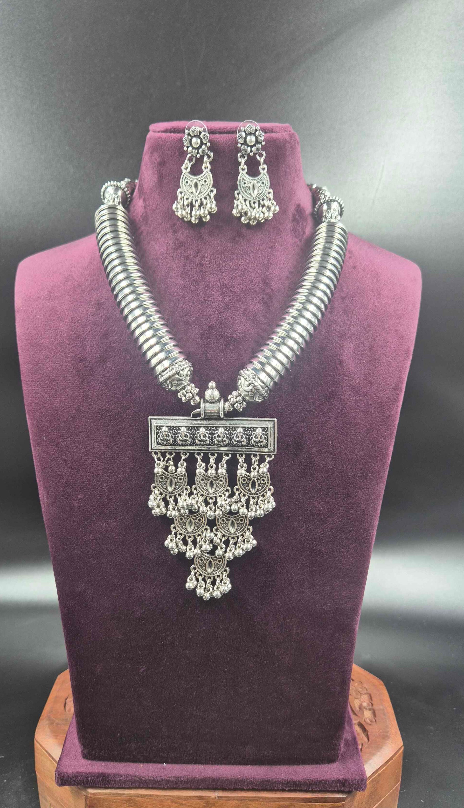 Oxidised Silver Tribal Statement Necklace with Layered Pendant