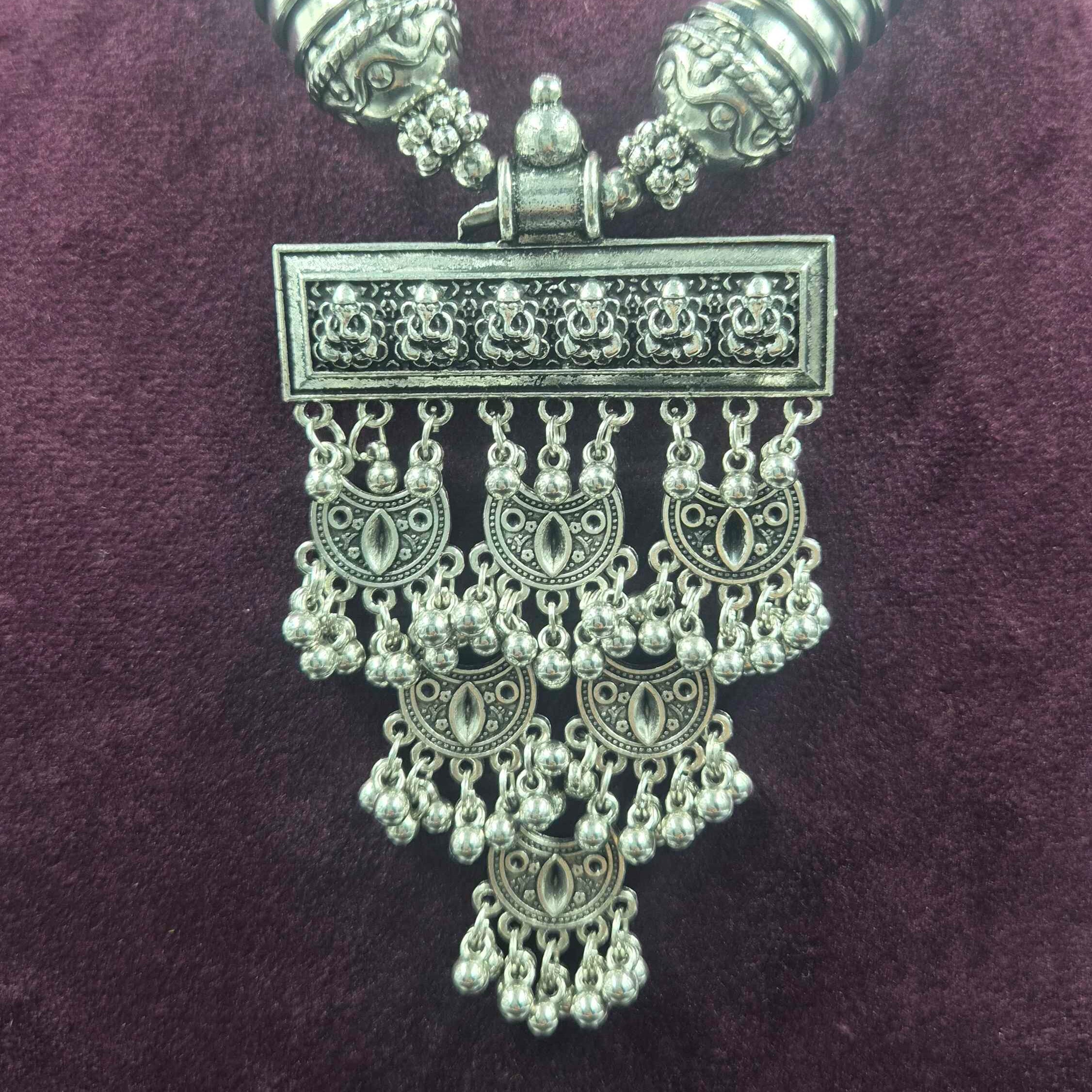 Oxidised Silver Tribal Statement Necklace with Layered Pendant