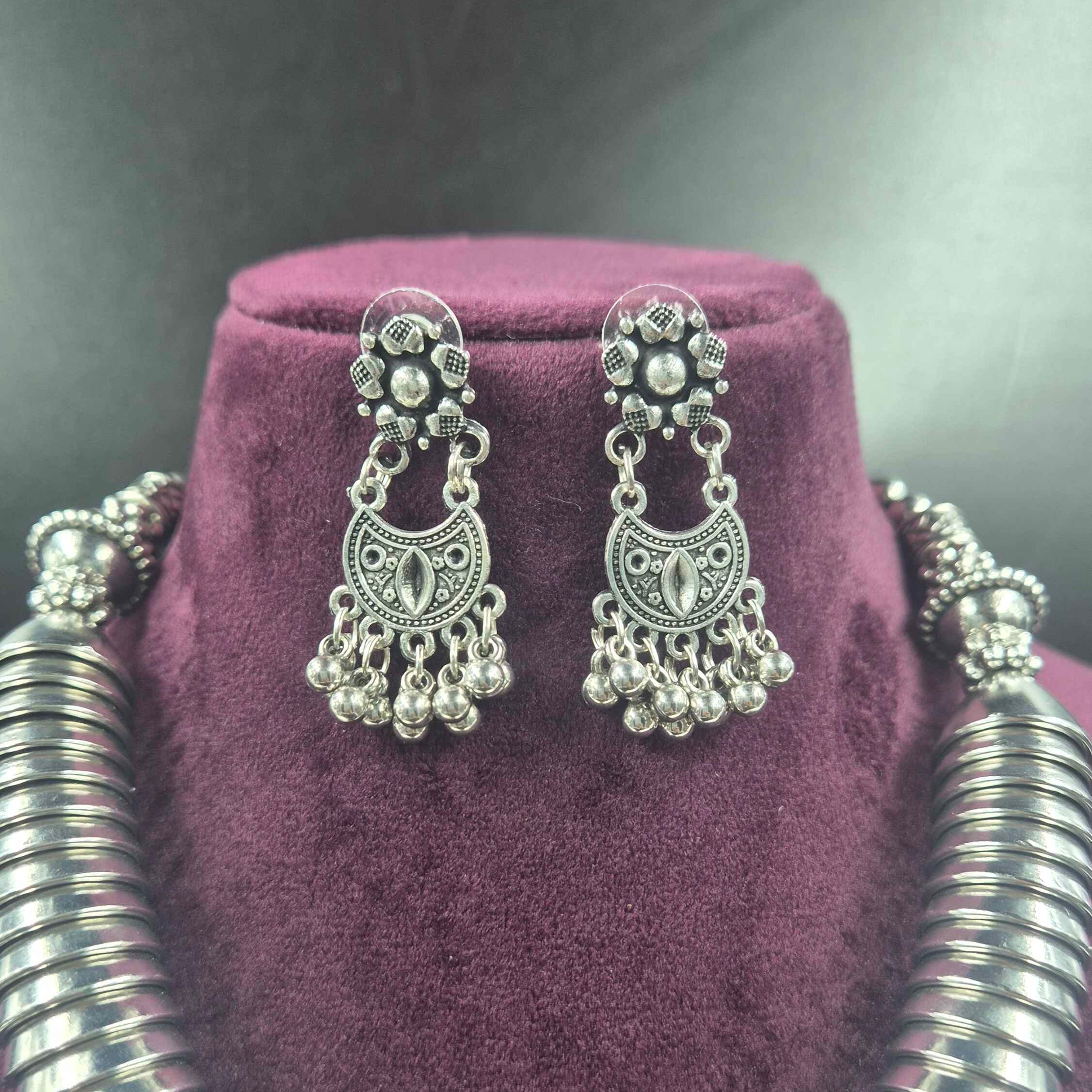 Oxidised Silver Tribal Statement Necklace with Layered Pendant