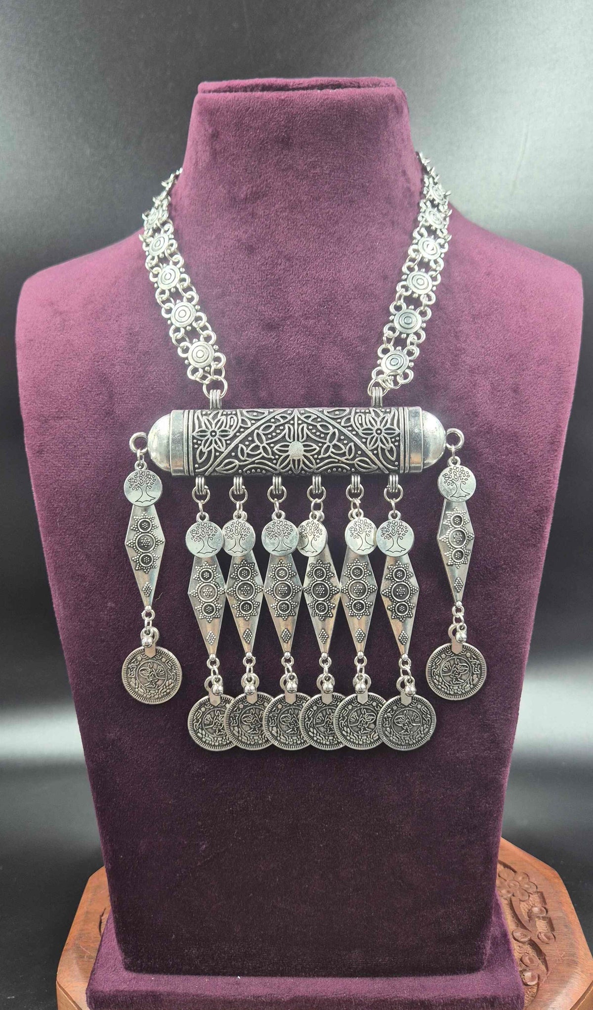 Oxidised Silver Tree of Life Coin Pendant Necklace with Tribal Dangles