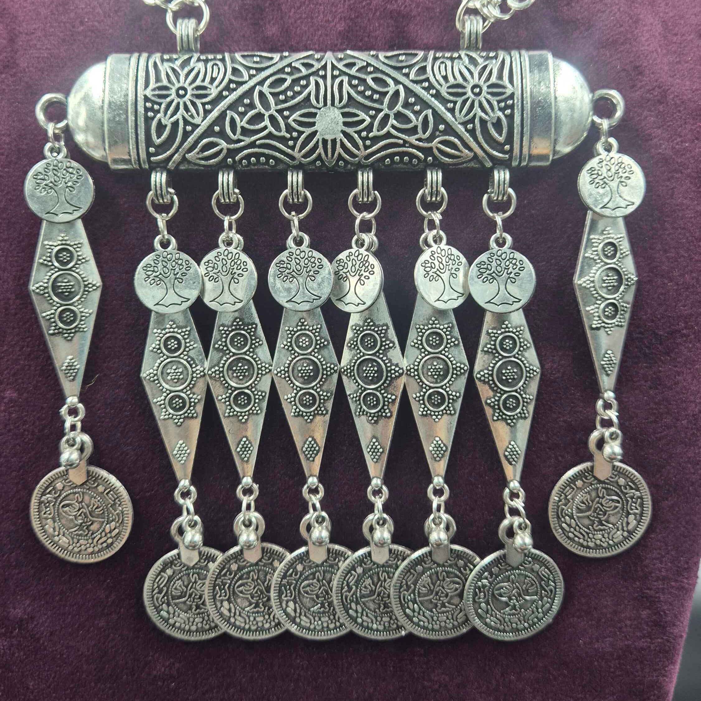 Oxidised Silver Tree of Life Coin Pendant Necklace with Tribal Dangles