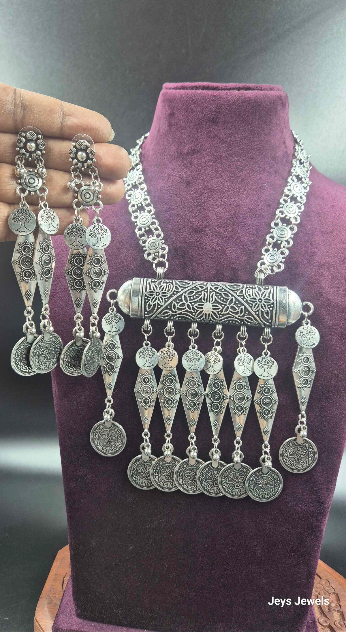 Oxidised Silver Tree of Life Coin Pendant Necklace with Tribal Dangles