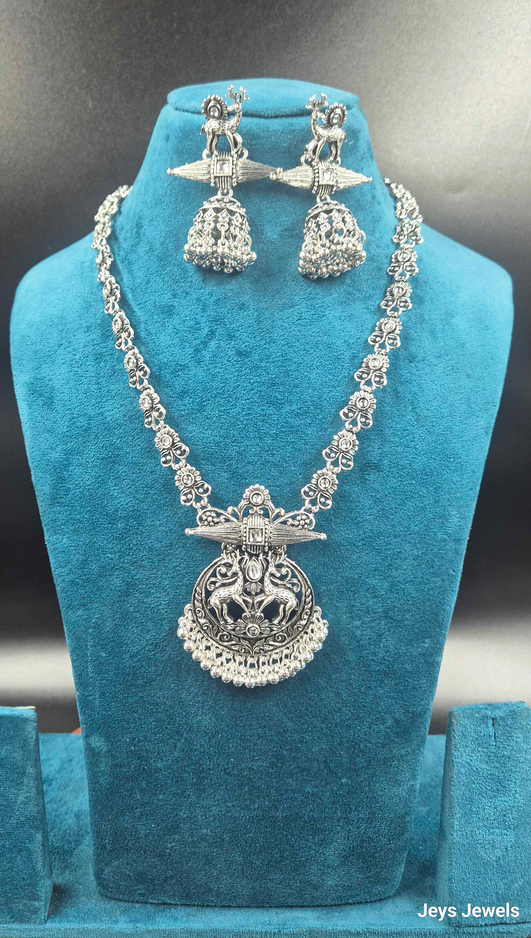 Oxidised Silver  Deer Pendant Necklace Set with Jhumka Earrings