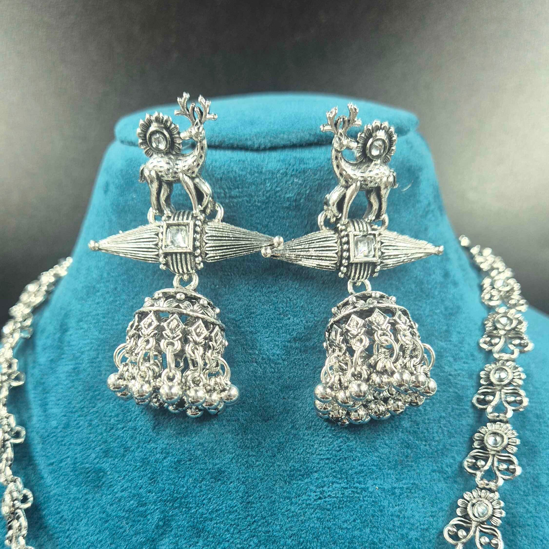 Oxidised Silver  Deer Pendant Necklace Set with Jhumka Earrings