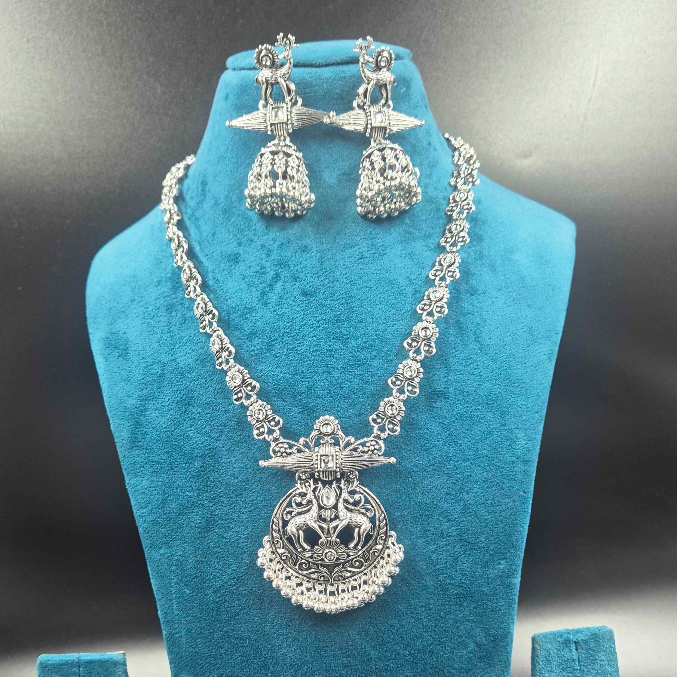 Oxidised Silver  Deer Pendant Necklace Set with Jhumka Earrings
