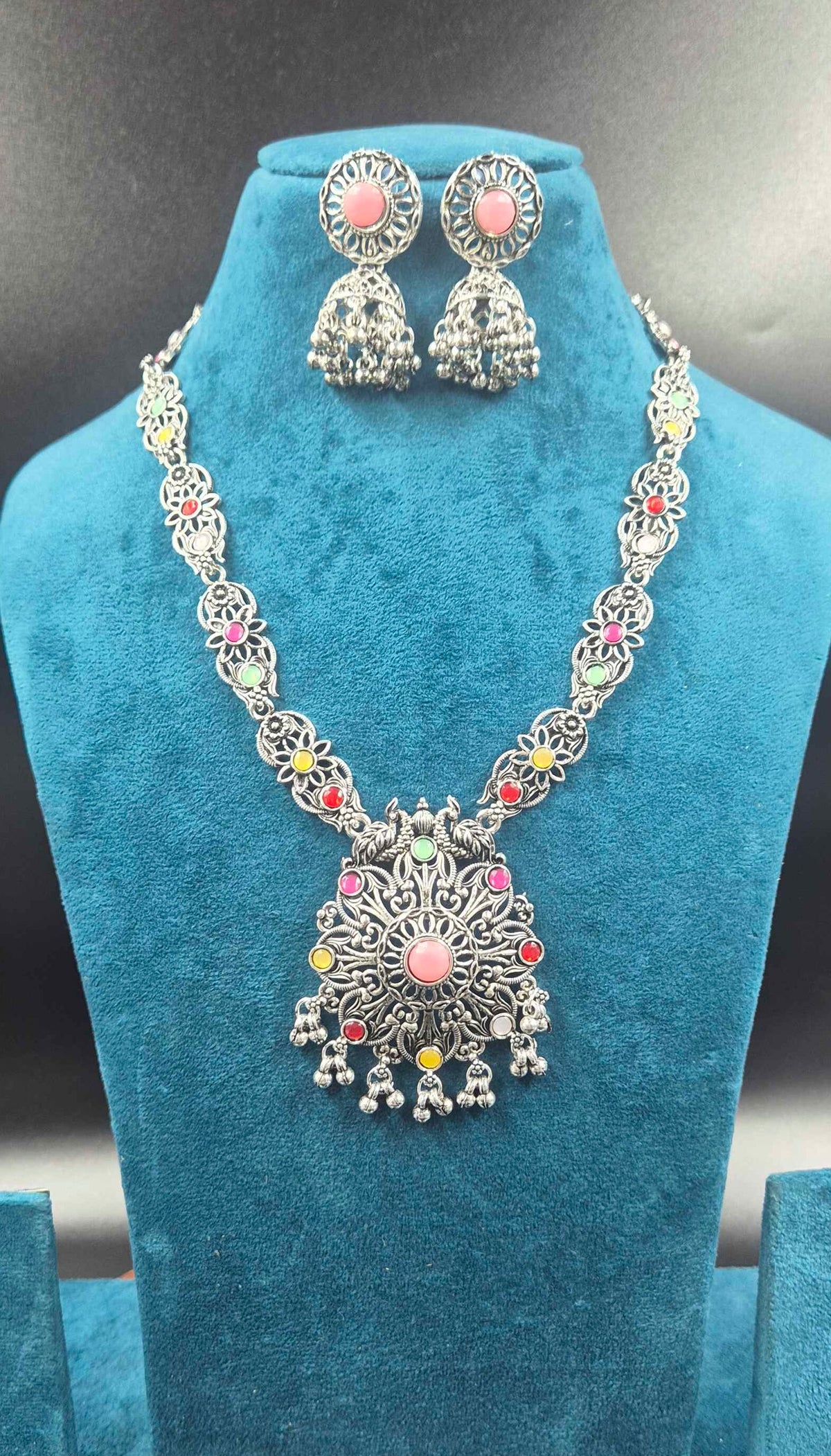 Oxidised Silver Multicolor Stone Pendant Necklace Set with Jhumka Earrings