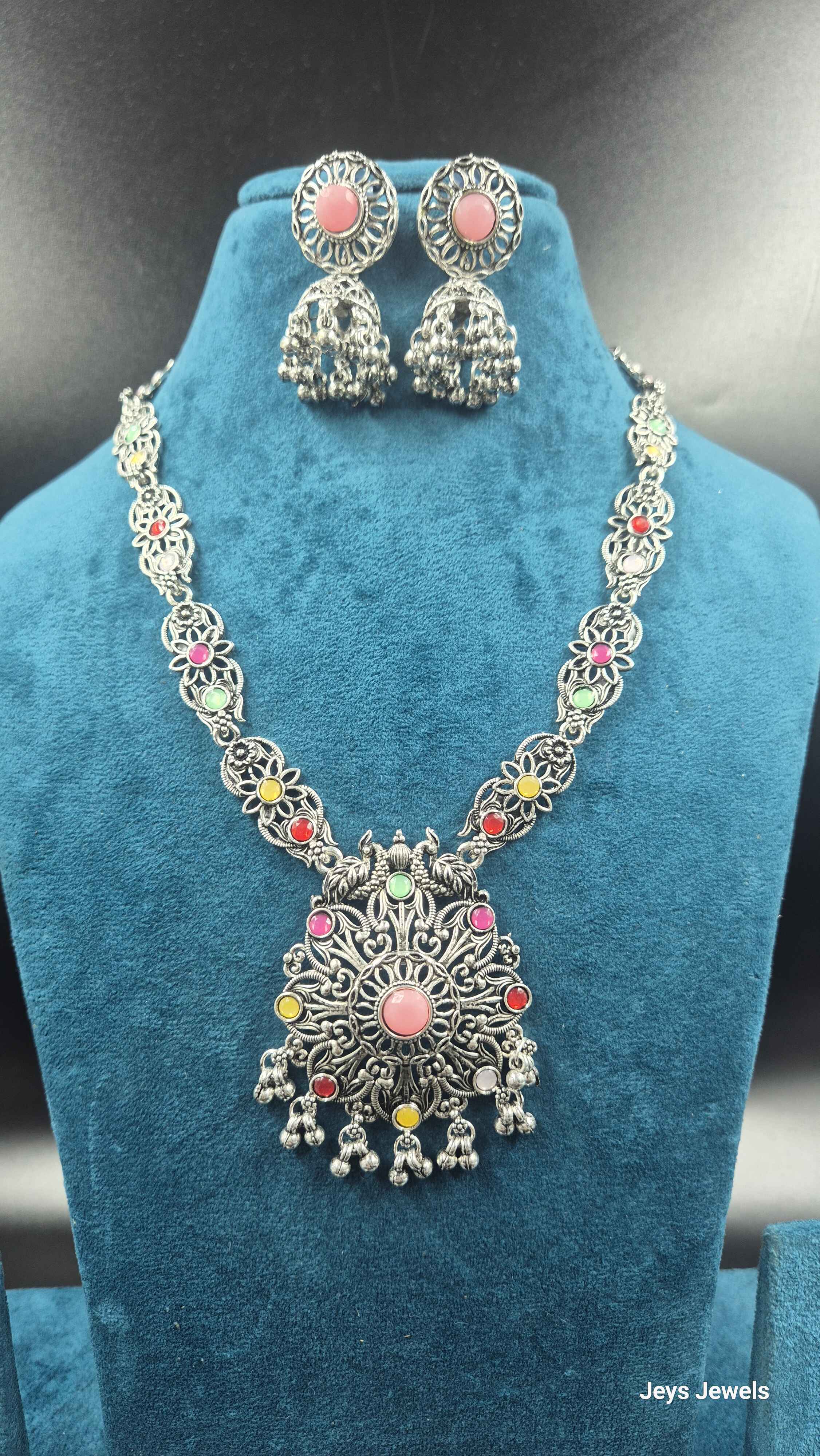 Oxidised Silver Multicolor Stone Pendant Necklace Set with Jhumka Earrings