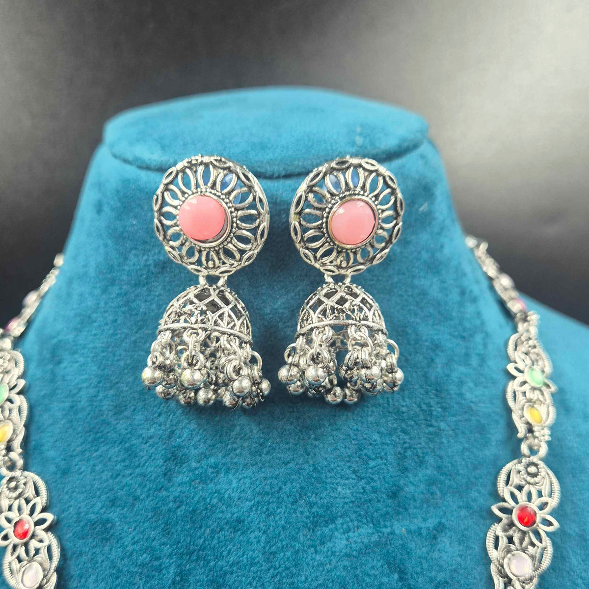 Oxidised Silver Multicolor Stone Pendant Necklace Set with Jhumka Earrings