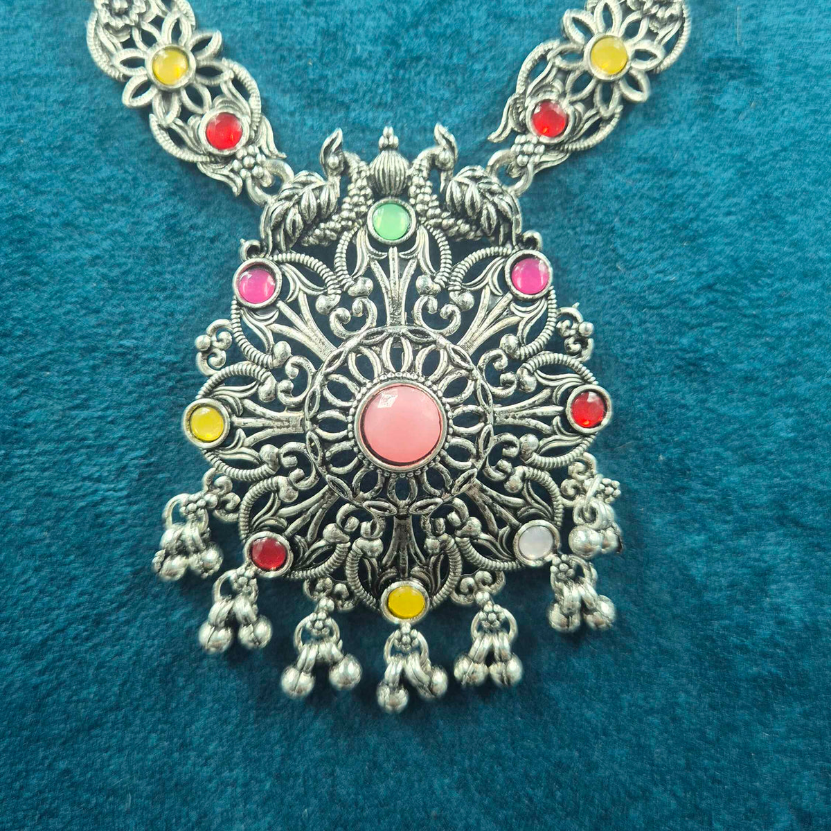 Oxidised Silver Multicolor Stone Pendant Necklace Set with Jhumka Earrings