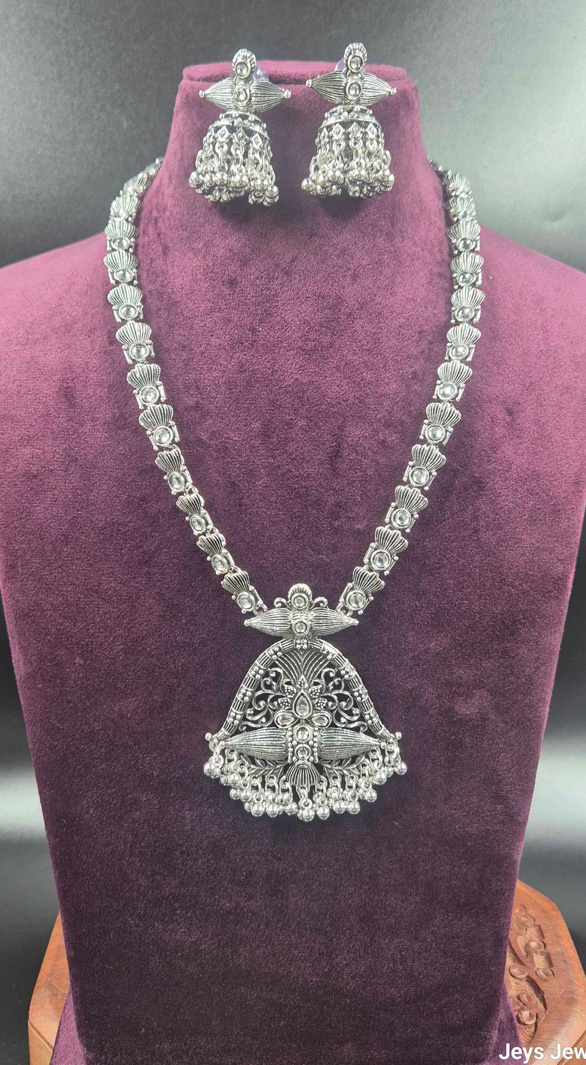 Oxidised Silver Temple Jhumka Necklace Set with Statement Pendant