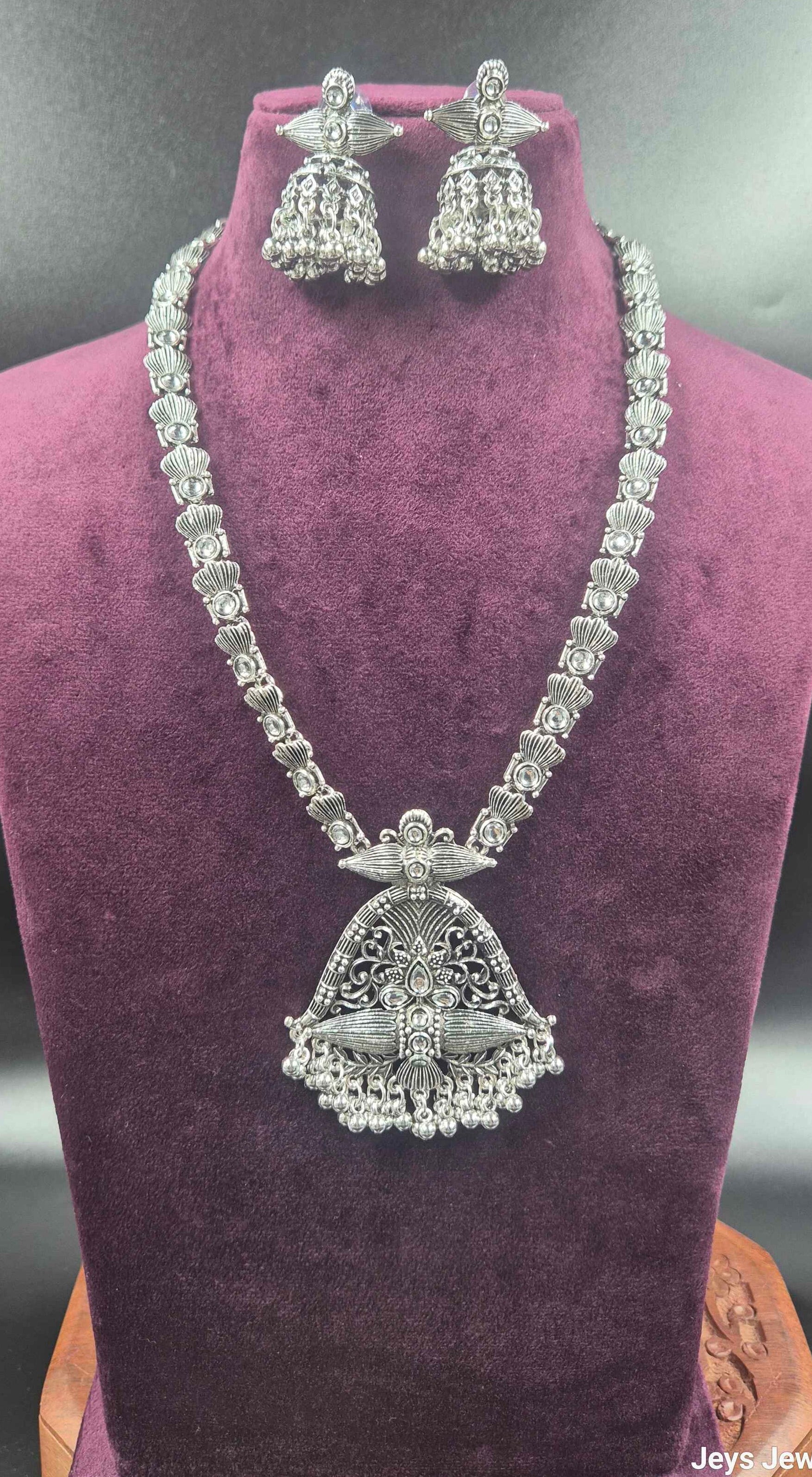 Oxidised Silver Temple Jhumka Necklace Set with Statement Pendant