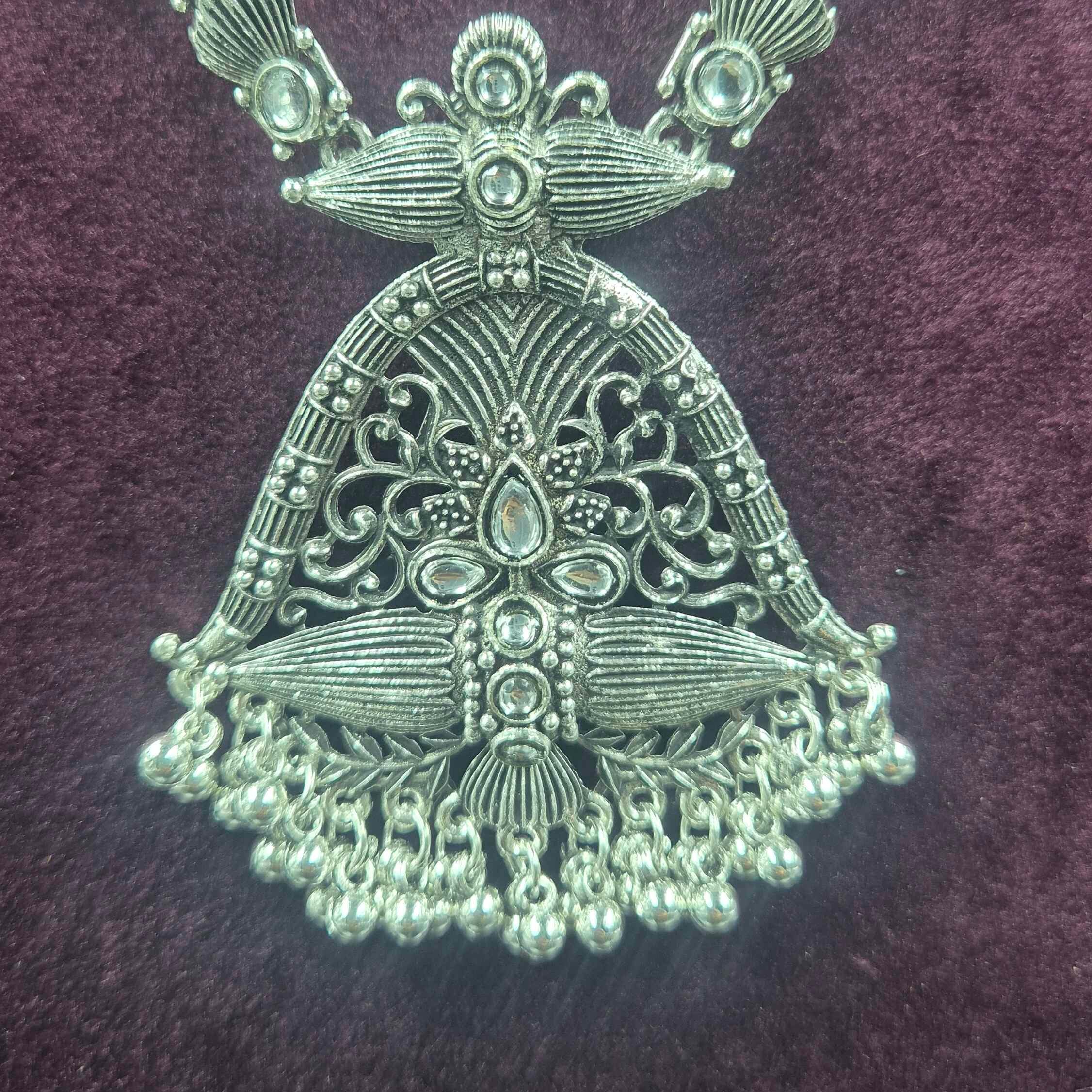 Oxidised Silver Temple Jhumka Necklace Set with Statement Pendant