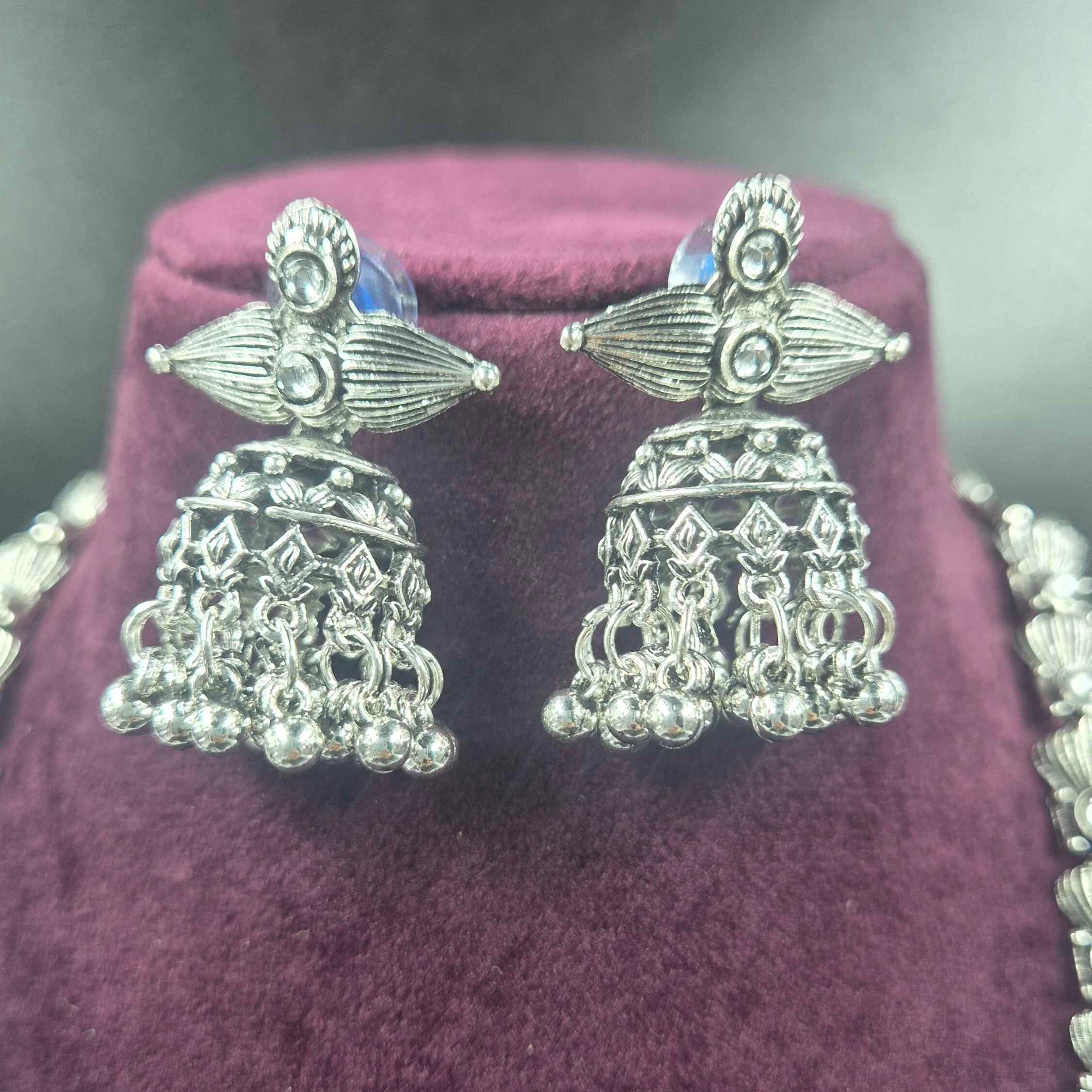 Oxidised Silver Temple Jhumka Necklace Set with Statement Pendant