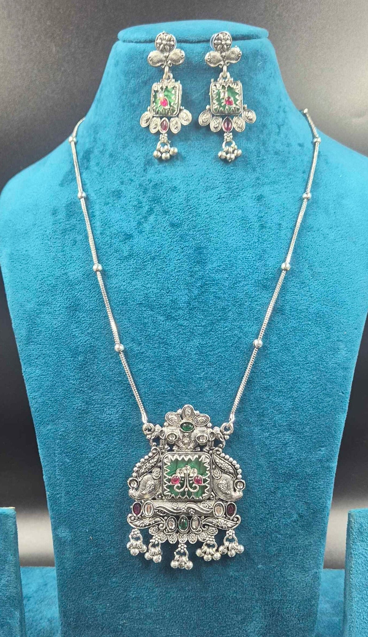 Oxidised Silver Green Meenakari Pendant Necklace Set with Earrings