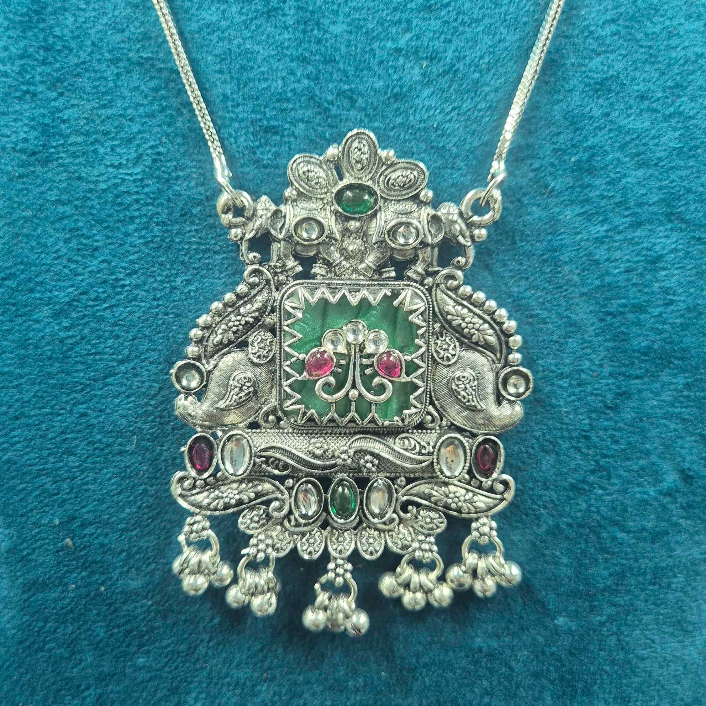 Oxidised Silver Green Meenakari Pendant Necklace Set with Earrings