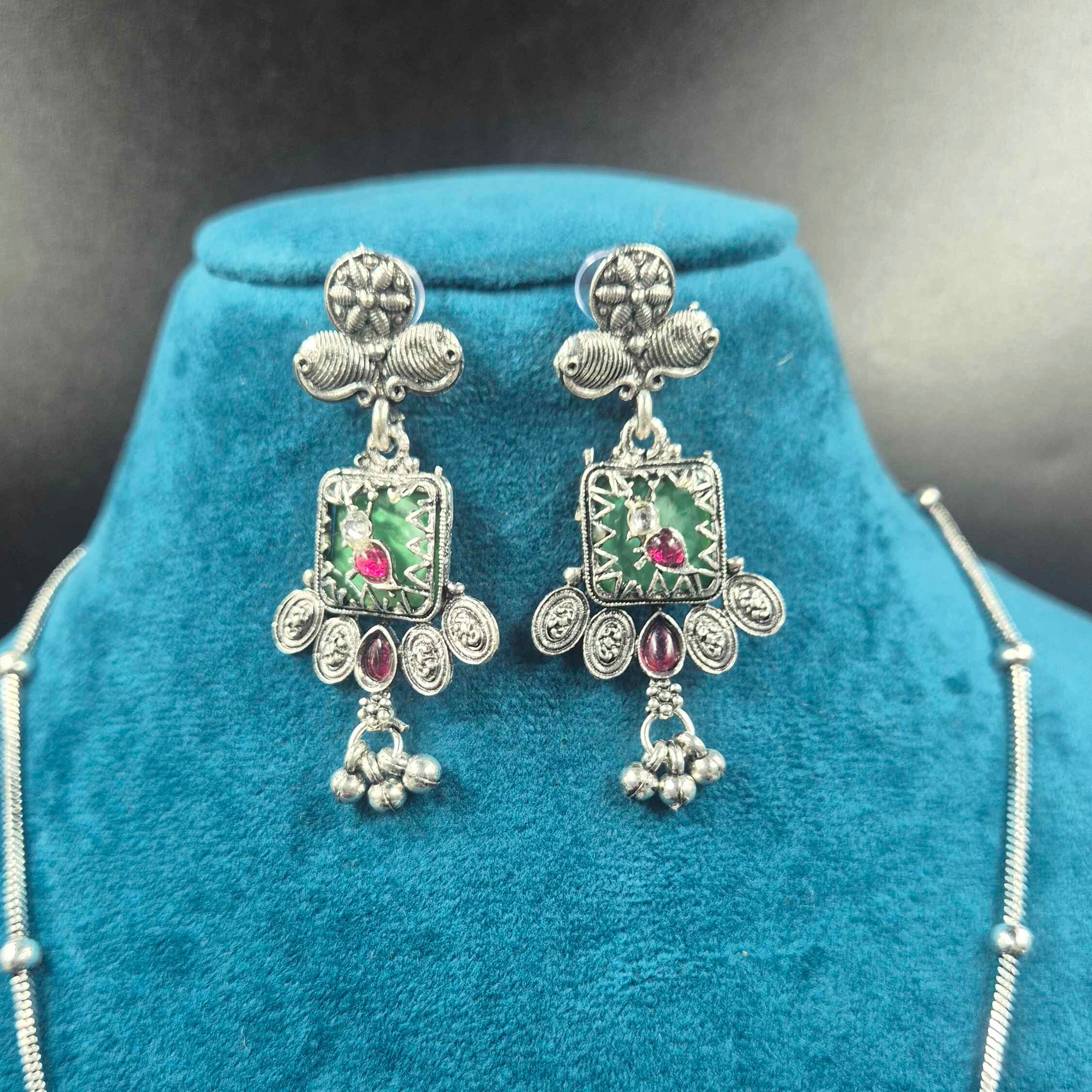 Oxidised Silver Green Meenakari Pendant Necklace Set with Earrings