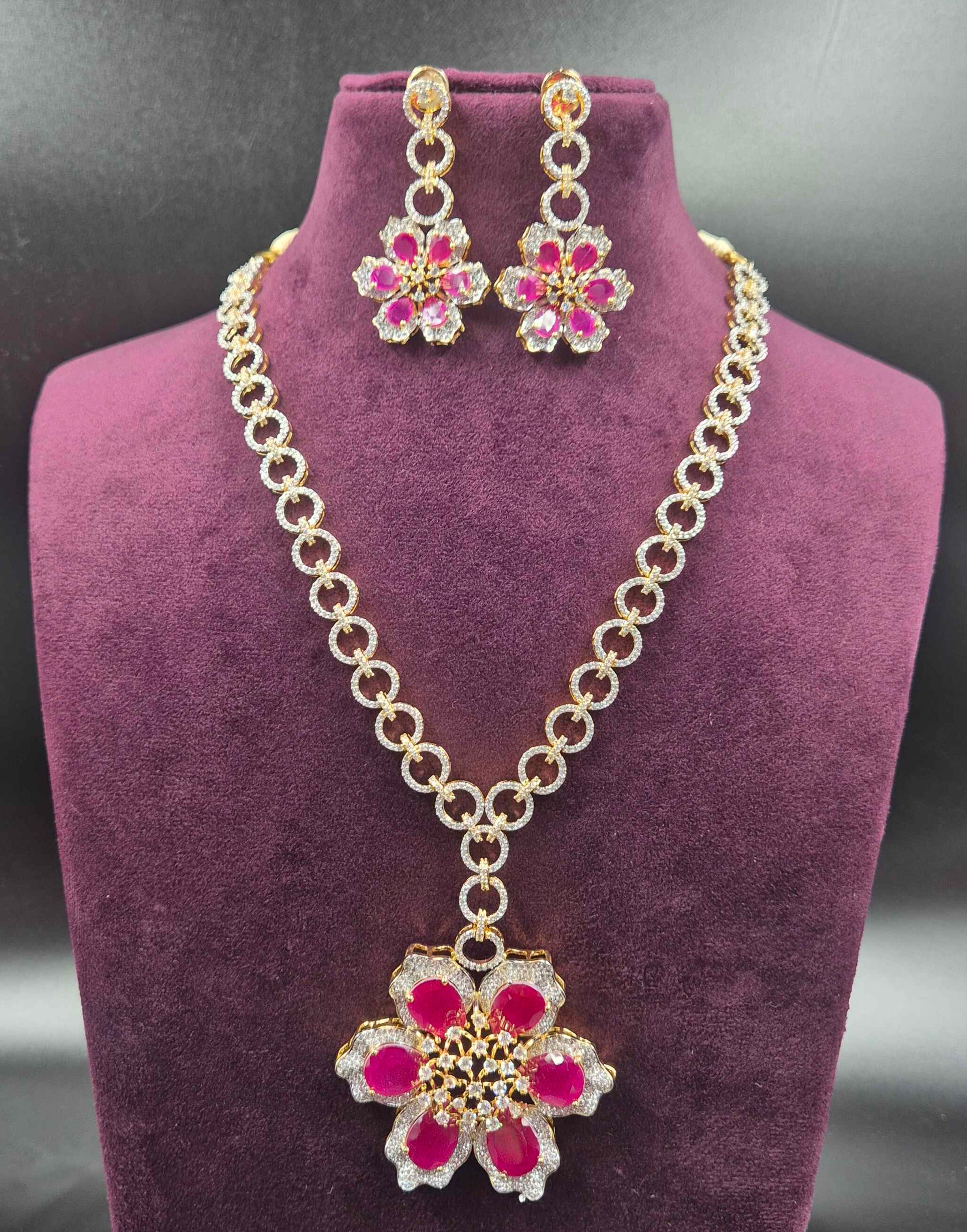 Ruby Flower CZ Necklace Set | Designer Floral Jewellery