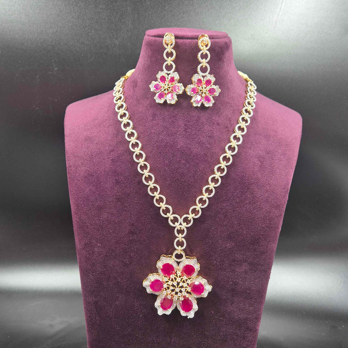 Ruby Flower CZ Necklace Set | Designer Floral Jewellery