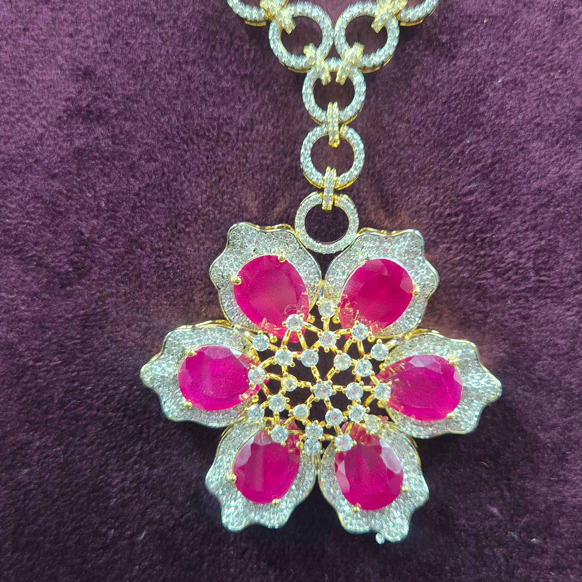 Ruby Flower CZ Necklace Set | Designer Floral Jewellery