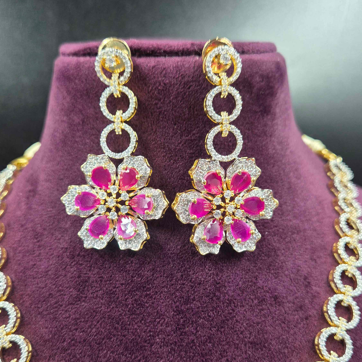 Ruby Flower CZ Necklace Set | Designer Floral Jewellery