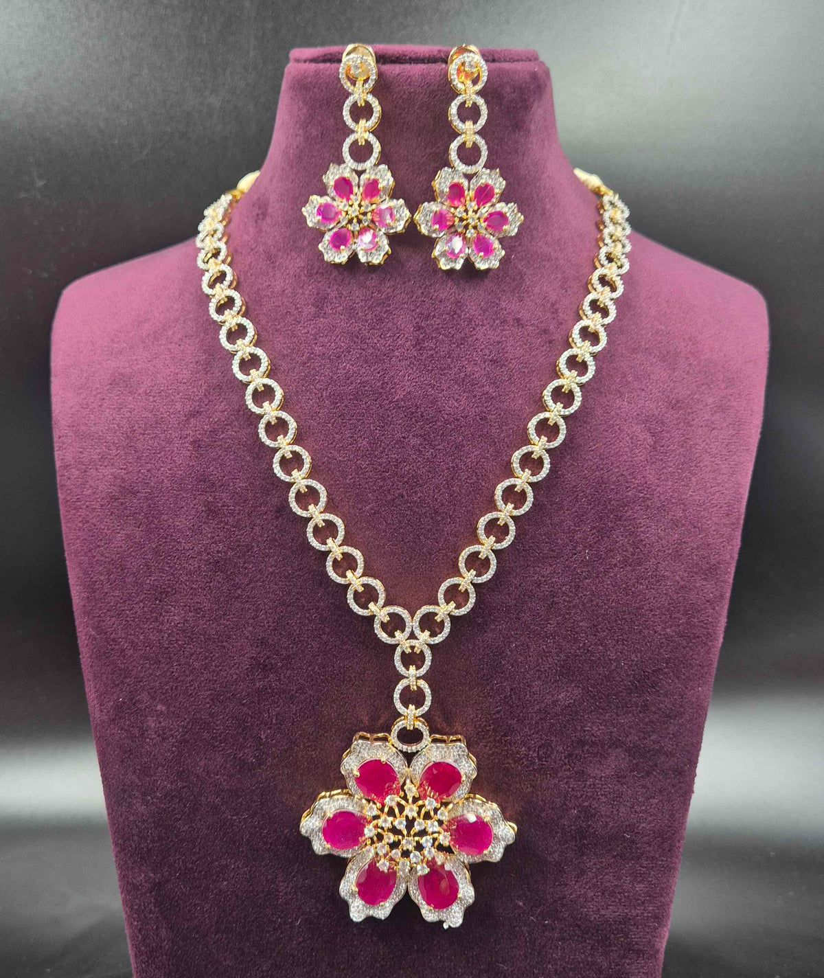 Ruby Flower CZ Necklace Set | Designer Floral Jewellery