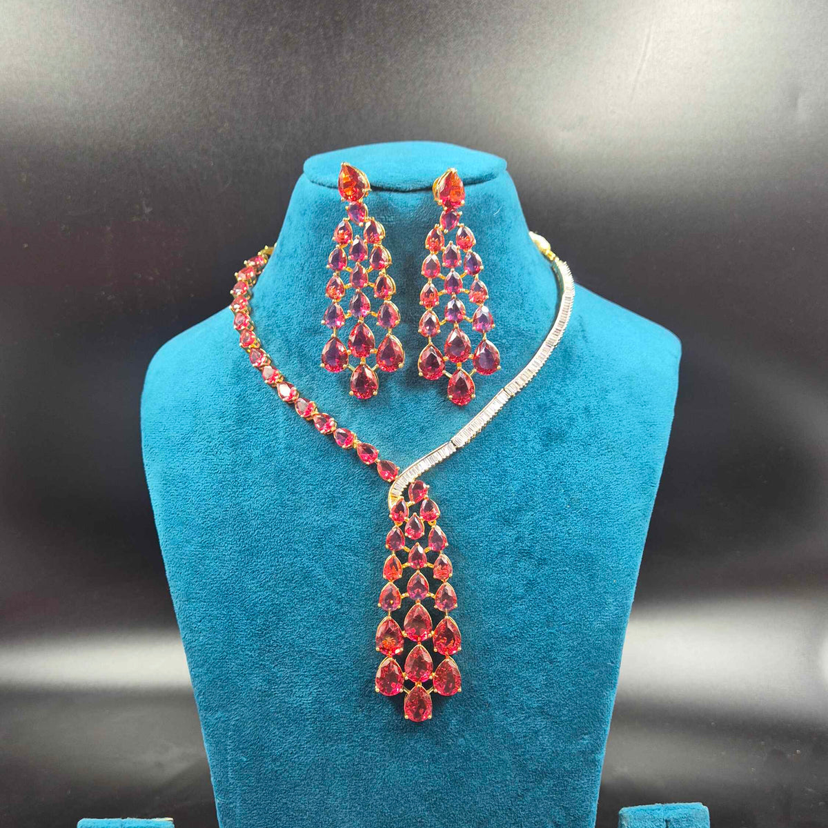 Pink CZ Stone strands Necklace Set with Statement Pendant & Earrings