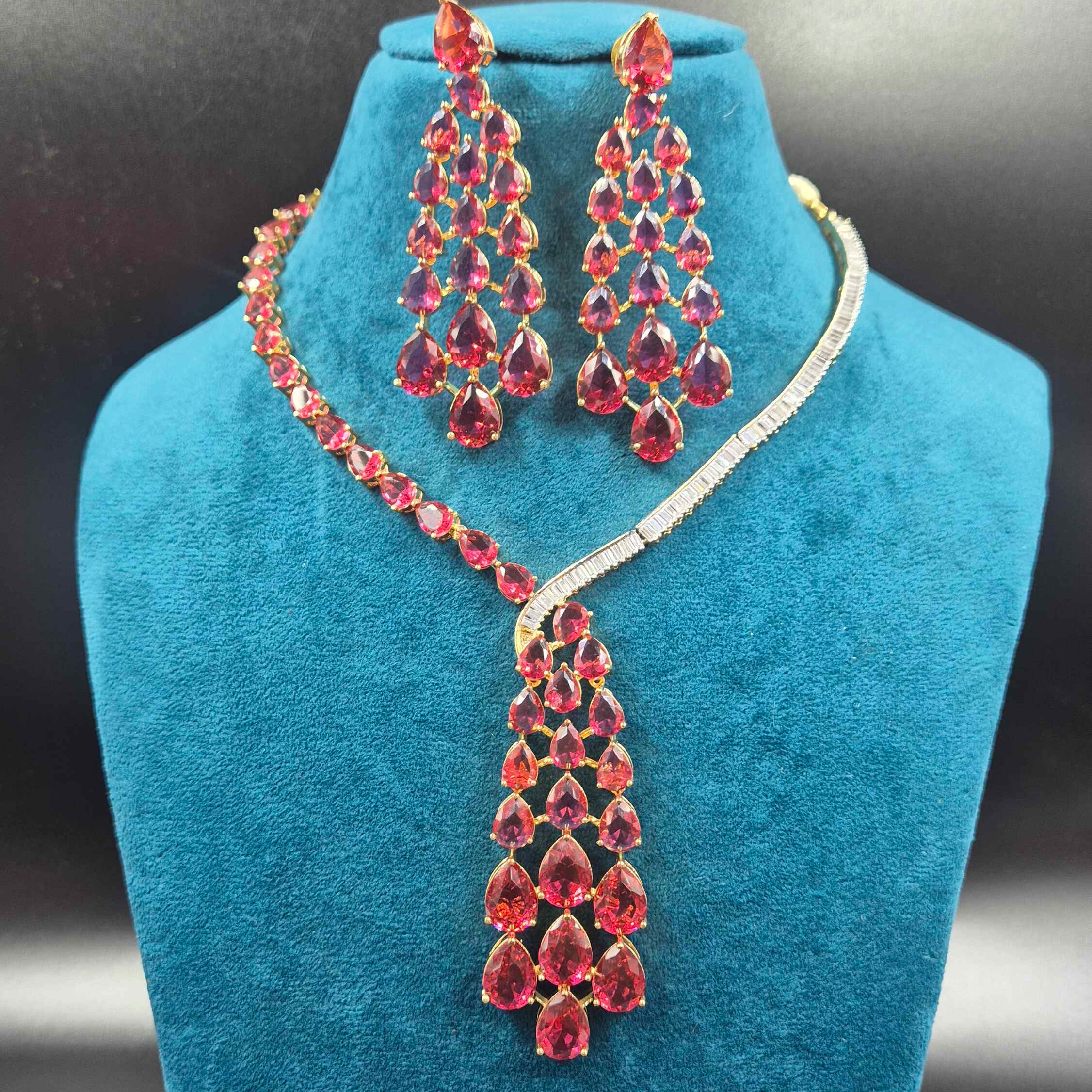 Pink CZ Stone strands Necklace Set with Statement Pendant & Earrings